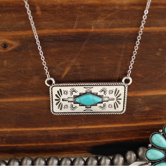 Ariat Jewelry - Western Silver Stamped Bar Necklace with Turquoise Stone-Cowgirl NWOB